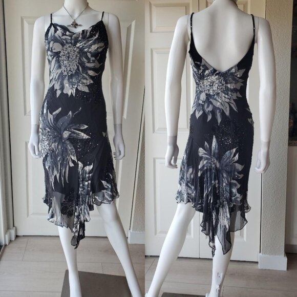 Cache Silk Blend Sleeveless Midi Beaded Dress Asymmetrical Hem - Picture 2 of 10